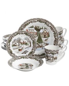 Gibson Home Christmas Toile 16 Piece Dinnerware Set