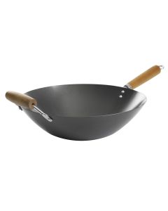 Kenmore Hammond 14 Inch Flat Bottom Carbon Steel Wok in Black with Wooden Handles