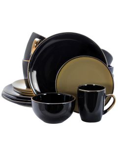 Elama Cambridge Grand 16-Piece Dinnerware Set in Luxurious Black and Warm Taupe with Complete Setting for 4