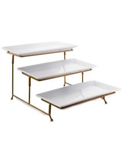 Gibson Elite Gracious Dining 3 Tiered Rectangle Porcelain Plate Set with Gold Metal Stand
